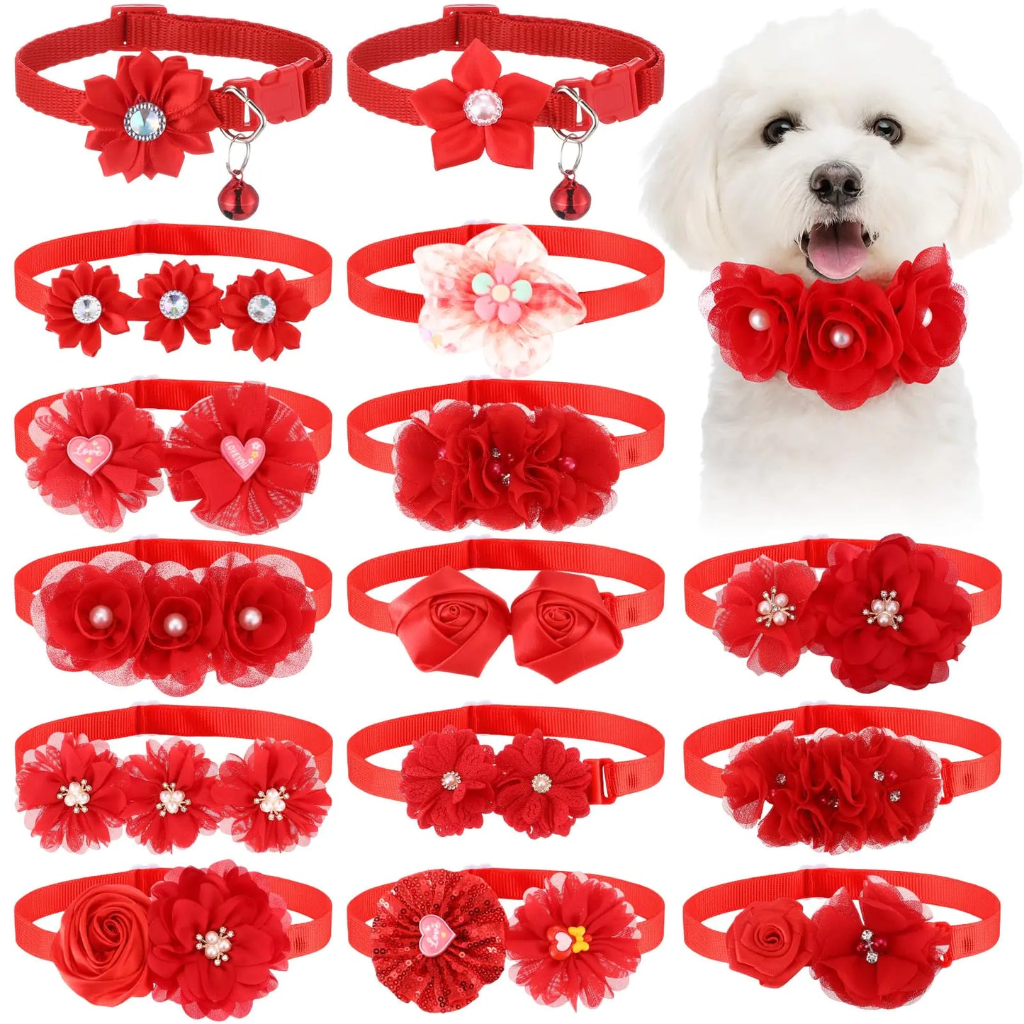 Tudomro 40 Pcs Valentines Dog Collar Flowers Puppy Bows Adjustable Collar Small Middle Dogs Cats Rose Dog Accessories Embellishment Decor for Party Wedding Pet Collar Accessories(Red)