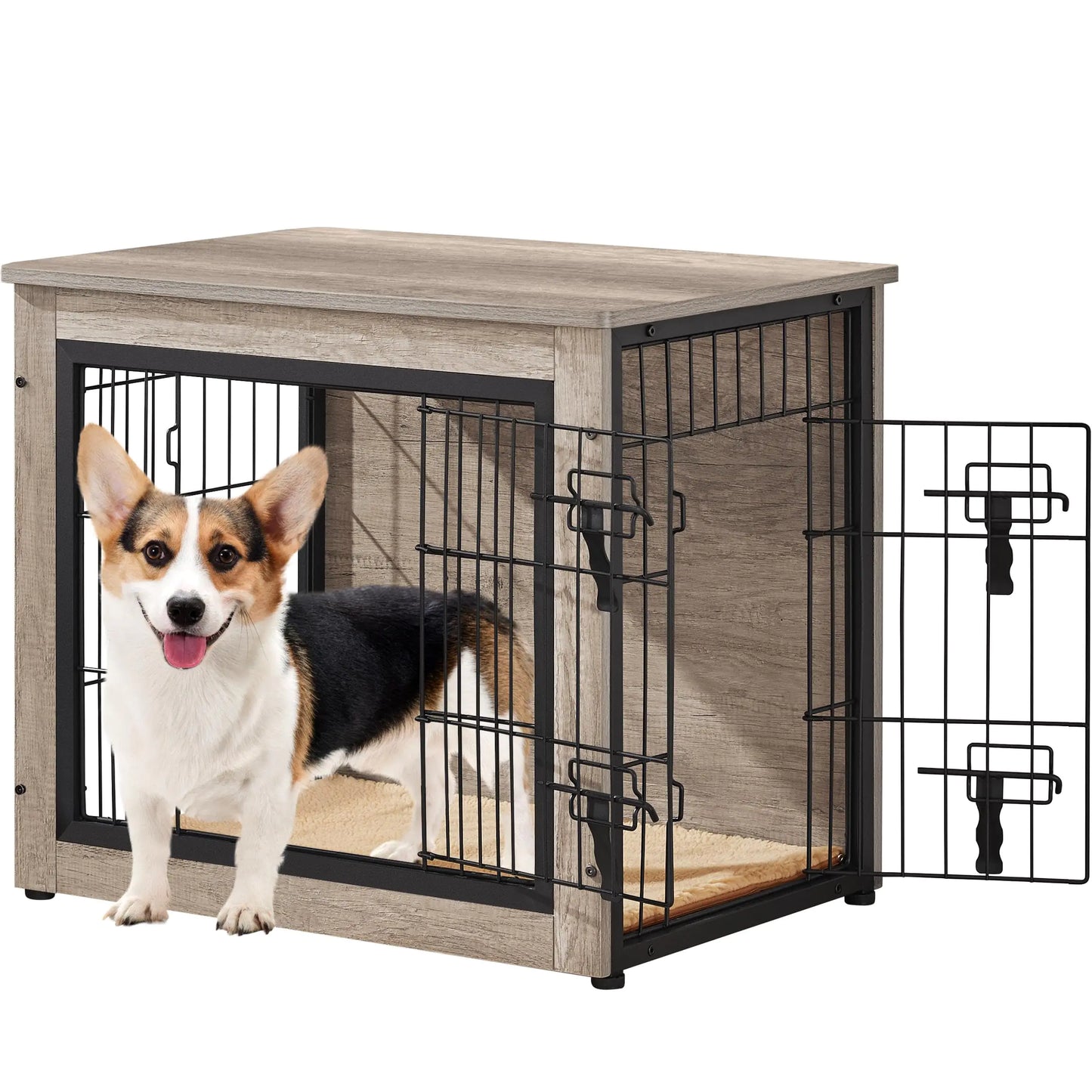 Yaheetech 27.5 Dog Crate Furniture with Cushion Wooden Dog Crate with Double Doors/Adjustable Feet Side End Table for Small/Medium Dogs Greige