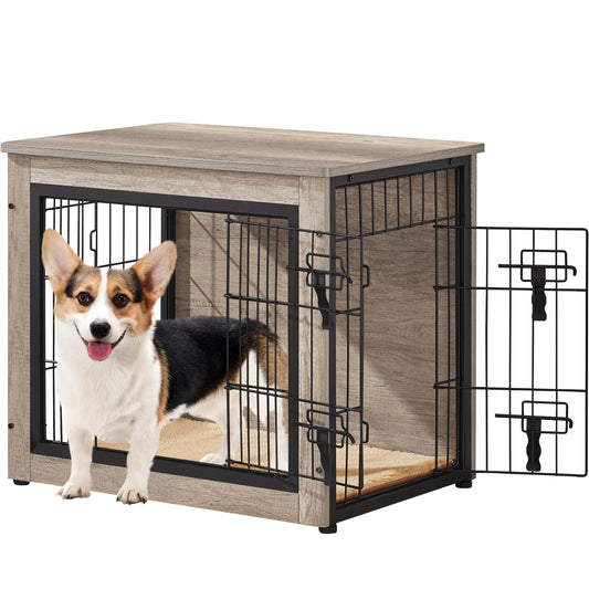 Yaheetech 27.5 Dog Crate Furniture with Cushion Wooden Dog Crate with Double Doors/Adjustable Feet Side End Table for Small/Medium Dogs Greige