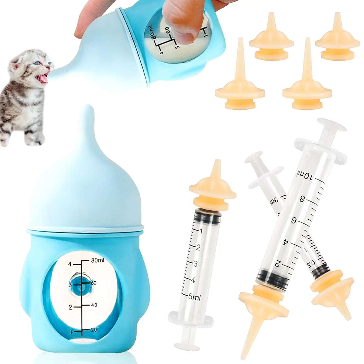 WITTOL Kitten Bottle Feeding Kit Puppy Bottles for Nursing Anti-Choking Pet Feeding Bottle and Syrings Nipple for Kittens Newborn Kitten Puppy Small Animals Supplies(Blue 80ml)